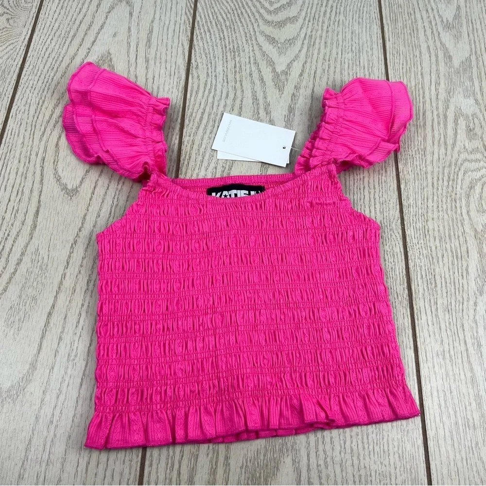 Katie J NYC Girl's Joanna Solid Stretch Ruffle Shoulder Top MED Neon Pink $70